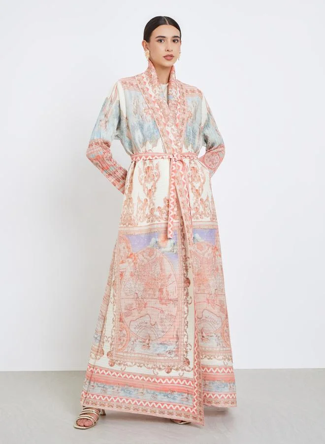 Take Two All-Over Printed Textured Pleated Long Sleeve Abaya