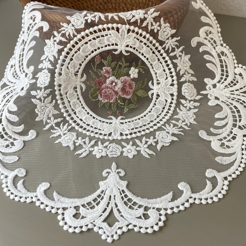Buysk 4 Pieces Retro Lace Placemats, Embroidered Cup Mats Table Mats, French Crochet Doilies, White (bonquet in Circle) - Image 3