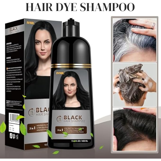 Ivnil BLACK HAIR DYE SHAMPOO 3 IN 1 FOR GRAY COVERAGE CHAMPU PARA CANAS HERBAL COLOR FOR WOMEN AND MEN 400ML - Image 3