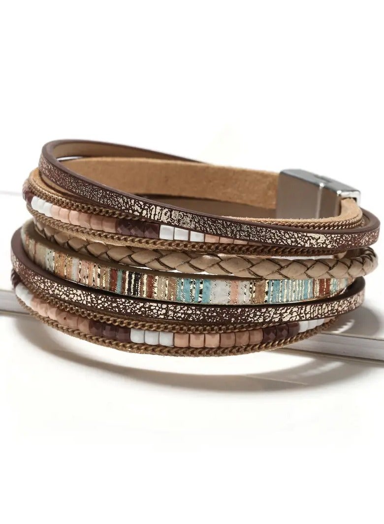 Goolsky سوار جلد PU متعدد الطبقات 1 قطعة بأسلوب بوهيمي مع مشبك مغناطيسي - Image 1