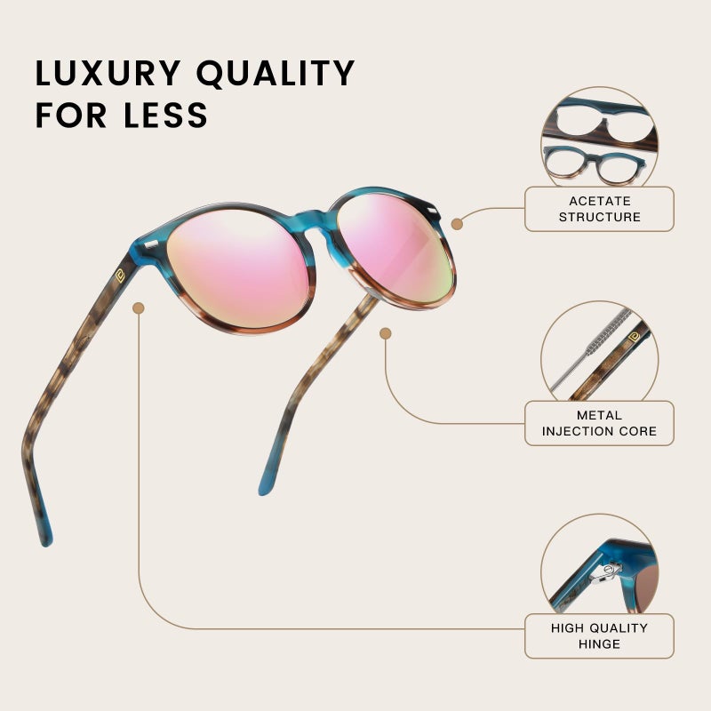 DUCO Retro Round UV400 Polarized Sunglasses for Women Men Vintage Shades Classic Acetate Trendy Fashion Sunglass DC1230 (Blue Tortoise Frame Pink) - Image 4