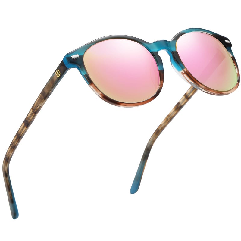 DUCO Retro Round UV400 Polarized Sunglasses for Women Men Vintage Shades Classic Acetate Trendy Fashion Sunglass DC1230 (Blue Tortoise Frame Pink) - Image 1