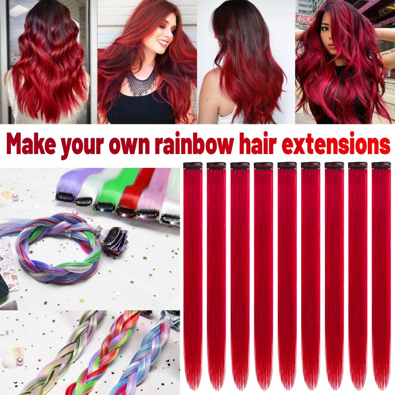 TOFAFA 22 inch Colored Hair Extensions Straight Hairpiece, Colorful Hair Extensions Party Highlights Clip in Long Synthetic for Christmas Girls Women Kids Cosplay Favor Gift(10 PCS Red) - Image 2
