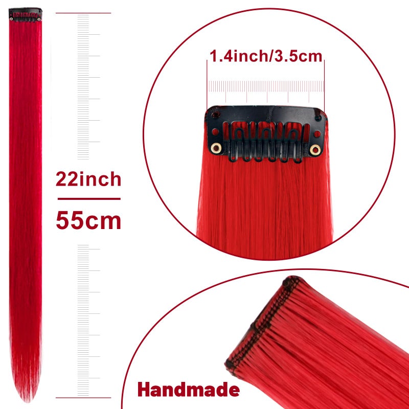 TOFAFA 22 inch Colored Hair Extensions Straight Hairpiece, Colorful Hair Extensions Party Highlights Clip in Long Synthetic for Christmas Girls Women Kids Cosplay Favor Gift(10 PCS Red) - Image 4