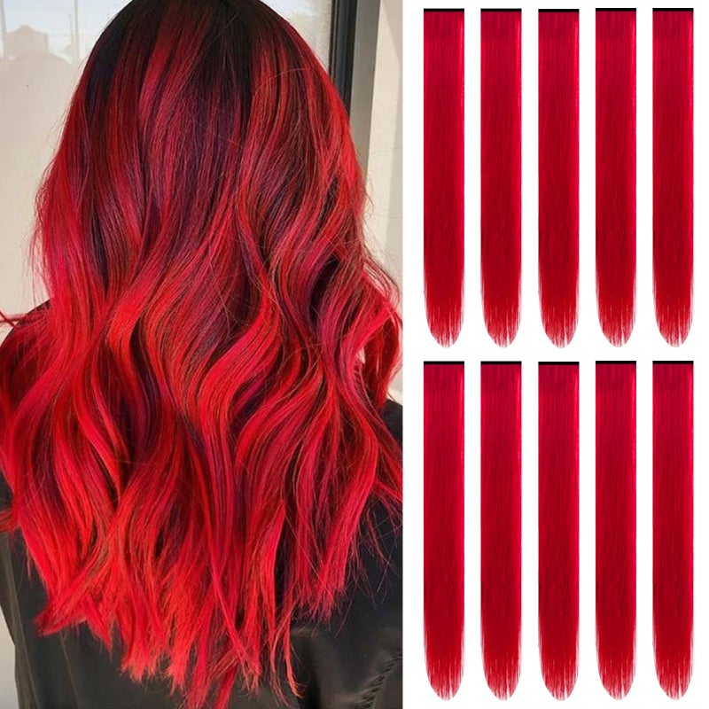 TOFAFA 22 inch Colored Hair Extensions Straight Hairpiece, Colorful Hair Extensions Party Highlights Clip in Long Synthetic for Christmas Girls Women Kids Cosplay Favor Gift(10 PCS Red) - Image 1
