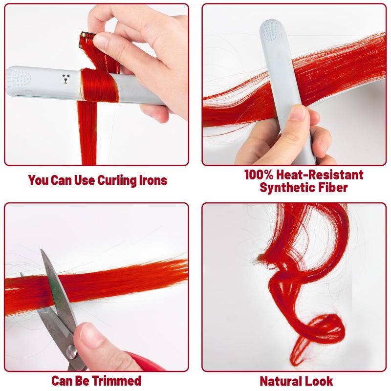 TOFAFA 22 inch Colored Hair Extensions Straight Hairpiece, Colorful Hair Extensions Party Highlights Clip in Long Synthetic for Christmas Girls Women Kids Cosplay Favor Gift(10 PCS Red) - Image 5