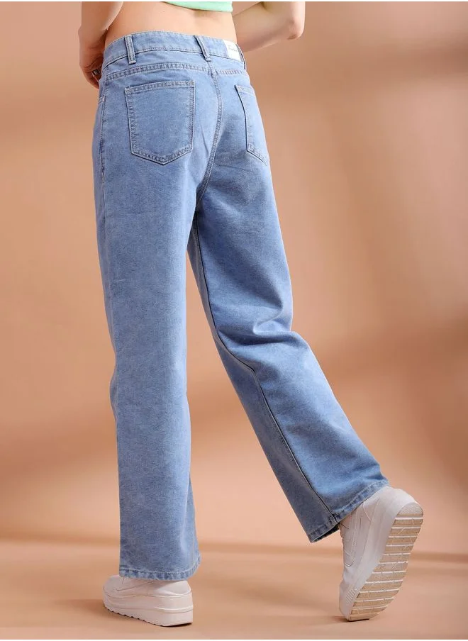 مرفوعة Women Wide Leg Solid High-Rise Jeans