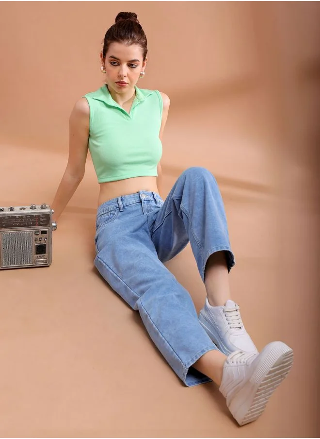 مرفوعة Women Wide Leg Solid High-Rise Jeans