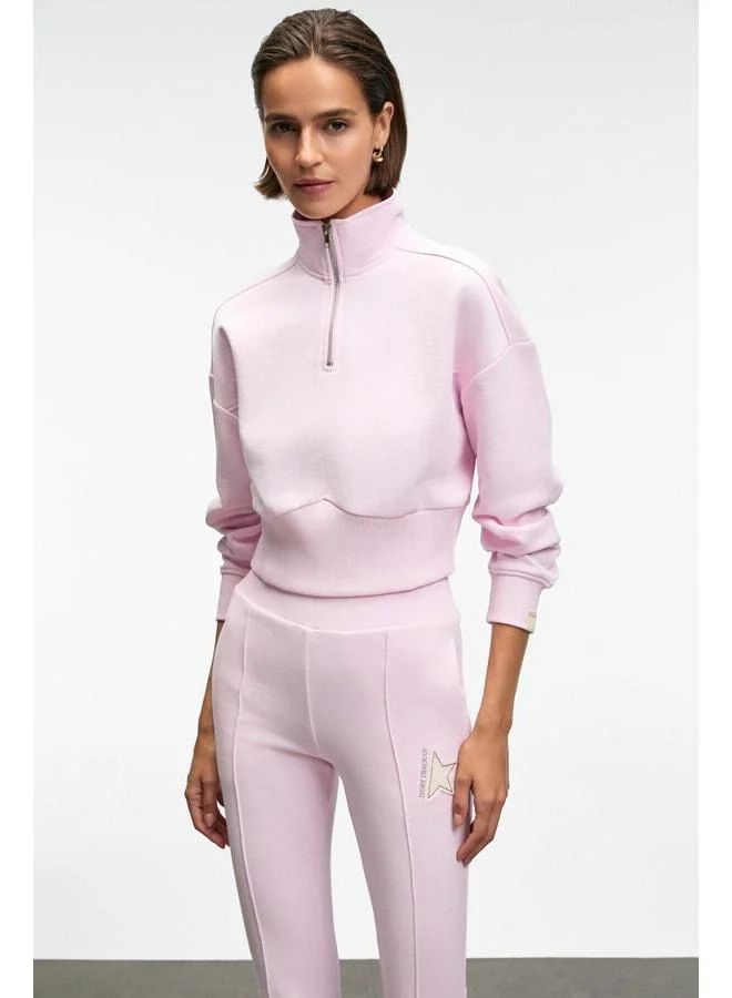 GRIMELANGE THALIA Women's Back Printed and Patch Detailed Zippered Straight Collar Pink Sweatshirt.