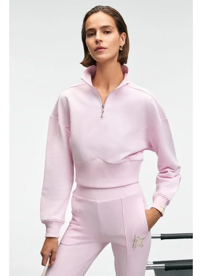 GRIMELANGE THALIA Women's Back Printed and Patch Detailed Zippered Straight Collar Pink Sweatshirt.