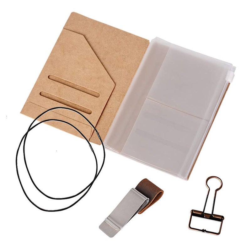 newestor Passport Size Travelers Notebook Accessories Kit - Kraft File Folder, Zipper Case, Pen Holder, Binder Clip and 2 Elastic Bands - Image 1