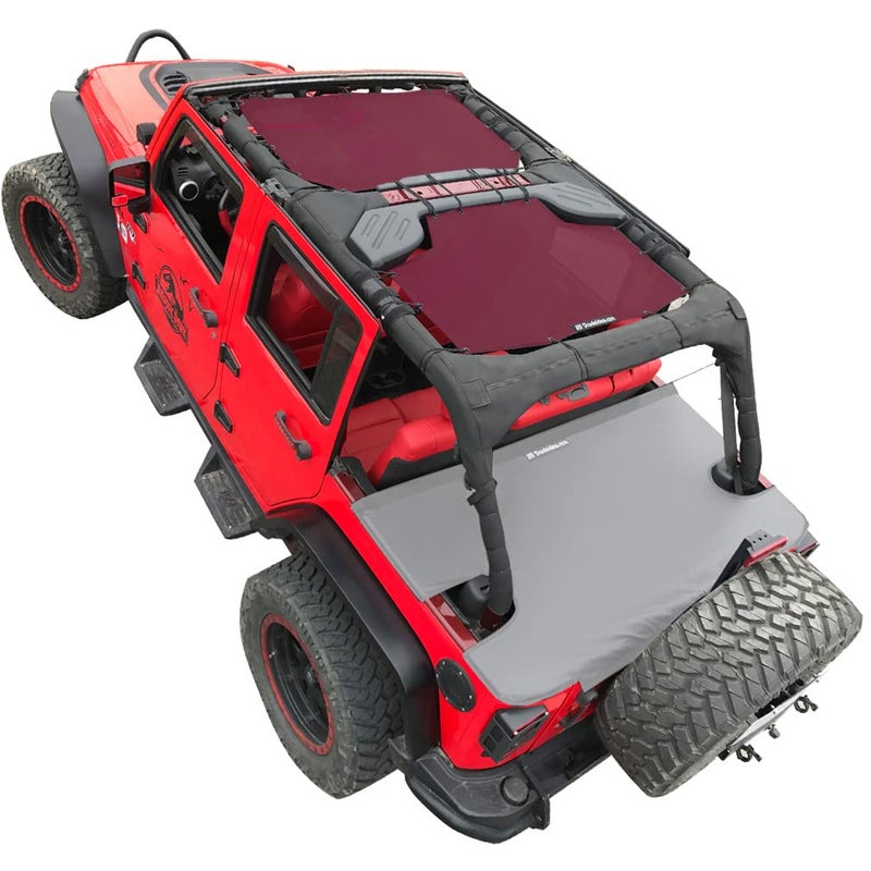 Shadeidea JK Sun Shade Top Compatible with Jeep Wrangler JKU Top Sunshade Soft Mesh Roof Cover 20072018 Wind Noise UV Blocker 10 Year Warranty 4 Door Wine Red FrontRear 2 pcs