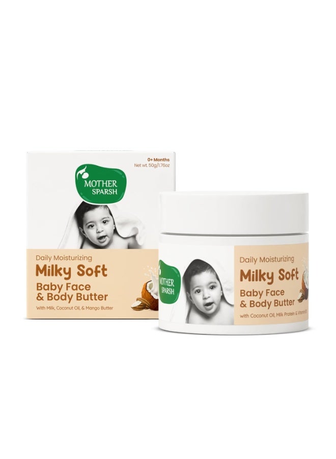 Mother Sparsh Milky Soft Baby Face & Body Butter-50g | With Milk, Coconut Oil & Mango Butter | Baby Cream For Face | Daily Moisturizing Baby Lotion for Dry Skin| Non Sticky, Quick Absorbing Texture - Image 1