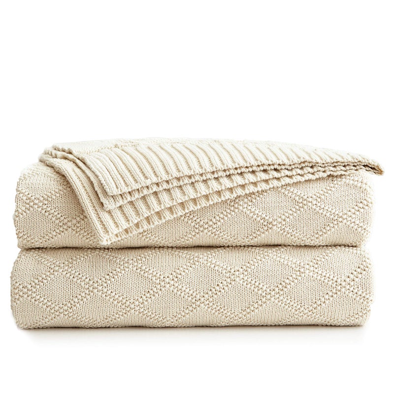 Longhui bedding Large Cotton Knit Throw Blanket for Couch Sofa Bed  Home Decorative Soft Cozy Sweater Woven Fall Cable Oversize Knitted Blankets  34 poundsCream 60 x 80 Inch