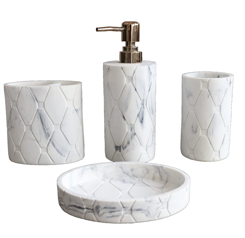 Hymmah Bathroom Accessories SetMarble Design Toothbrush HolderFarmhouse Bathroom Decor4 Pcs Resin Gift Set Apartment Necessities Contain Toothbrush CupSoap DispenserSoap DishTumbler