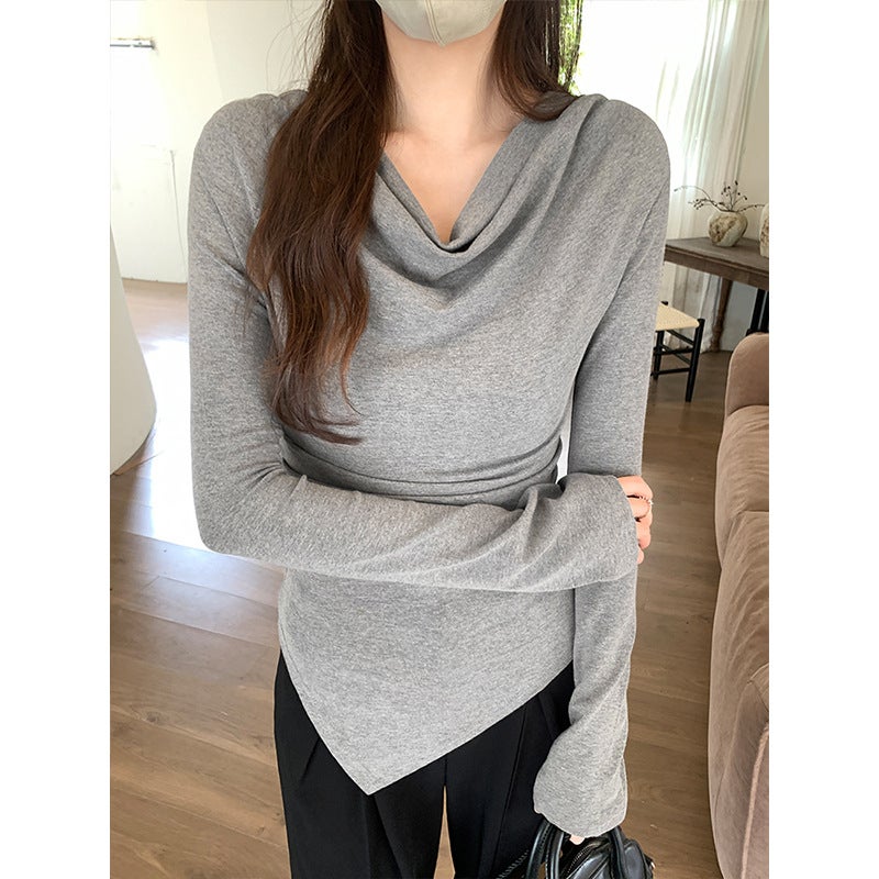 Real photo design niche pleated irregular swing collar long sleeve T-shirt women's spring and autumn 2024 new bottoming shirt - Image 1