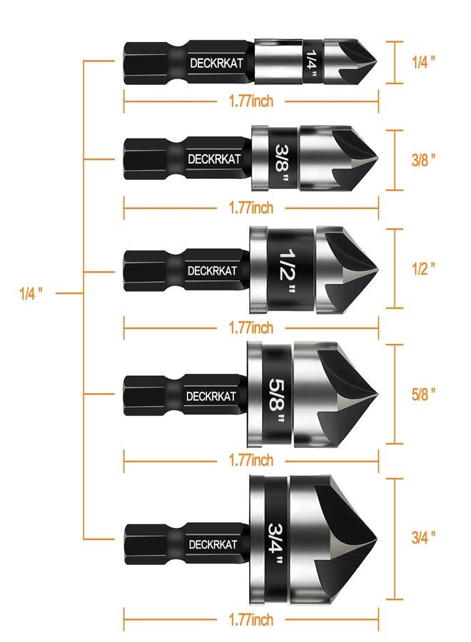 DECKRKAT 5 Pcs Countersink Drill Bit Set, 82 Degree, 5Flute with 1/4” Quick Change Hex Shank, Sizes 1/4” to 3/4” for Metal, Wood & Plastic, Ideal for Carpentry, Metalwork, Plastic Fabrication - Image 2