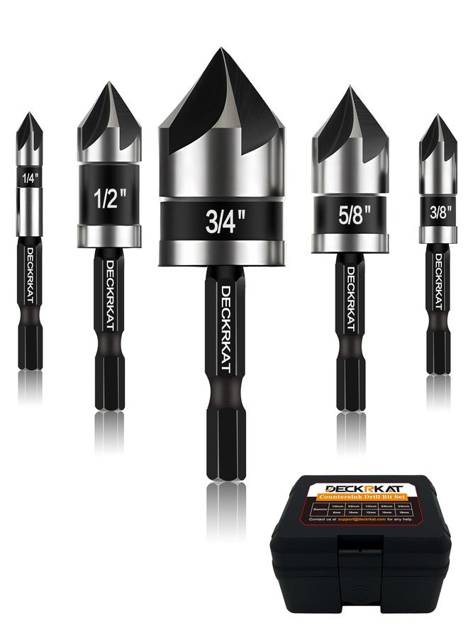 DECKRKAT 5 Pcs Countersink Drill Bit Set, 82 Degree, 5Flute with 1/4” Quick Change Hex Shank, Sizes 1/4” to 3/4” for Metal, Wood & Plastic, Ideal for Carpentry, Metalwork, Plastic Fabrication - Image 1