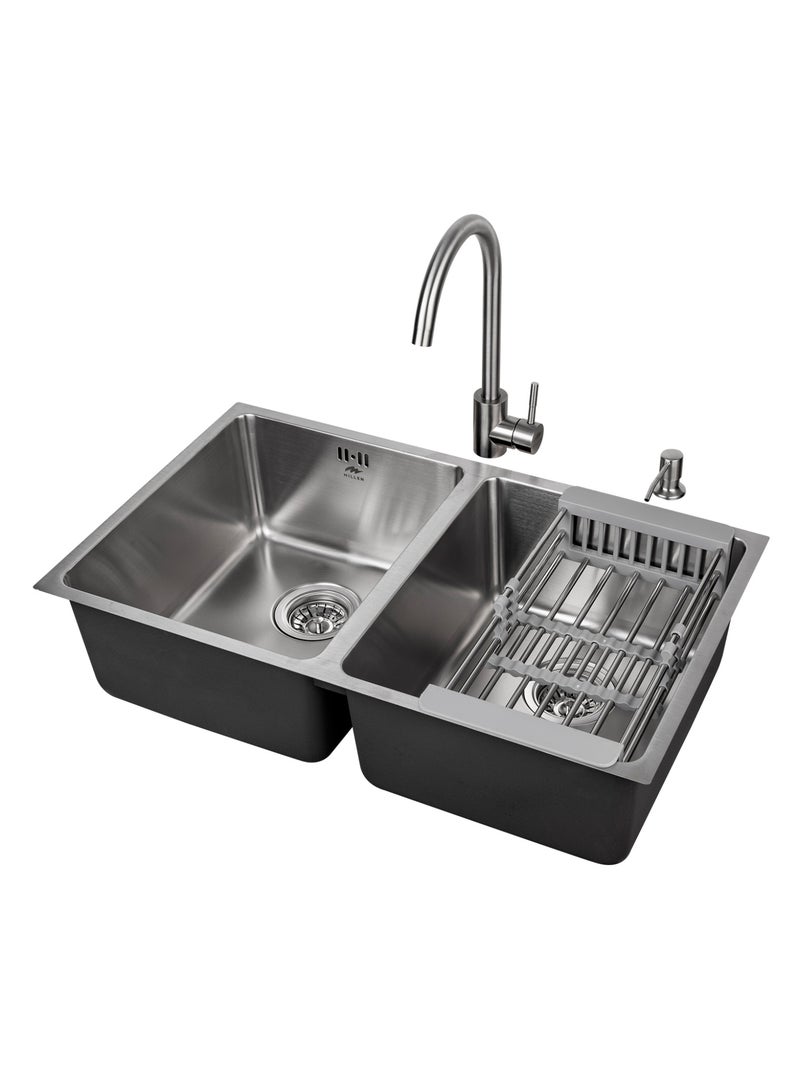 ميلين حوض مطبخ فاخر مزدوج مع خلاط وموزع صابون – تركيب علوي أو سفلي، من الستانلس ستيل 304، عزل صوتي، تشطيب ساتان – موديل MS7544 SET، ضمان 3 سنوات - Image 1