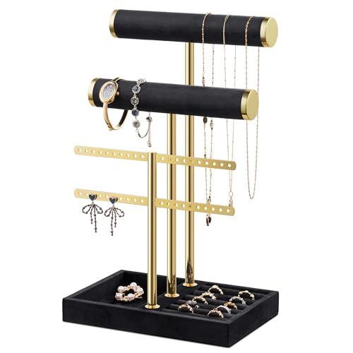 Josmimic Bracelet Holder Jewelry Organizer Display 3 Tier T Bar Velvet Stand Black Jewelry Storage for Bracelet Necklaces Earrings Rings Watches - Image 1