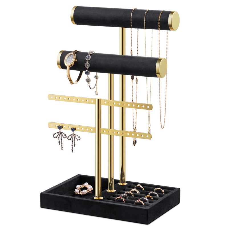 Josmimic Bracelet Holder Jewelry Organizer Display 3 Tier T Bar Velvet Stand Black Jewelry Storage for Bracelet Necklaces Earrings Rings Watches - Image 2