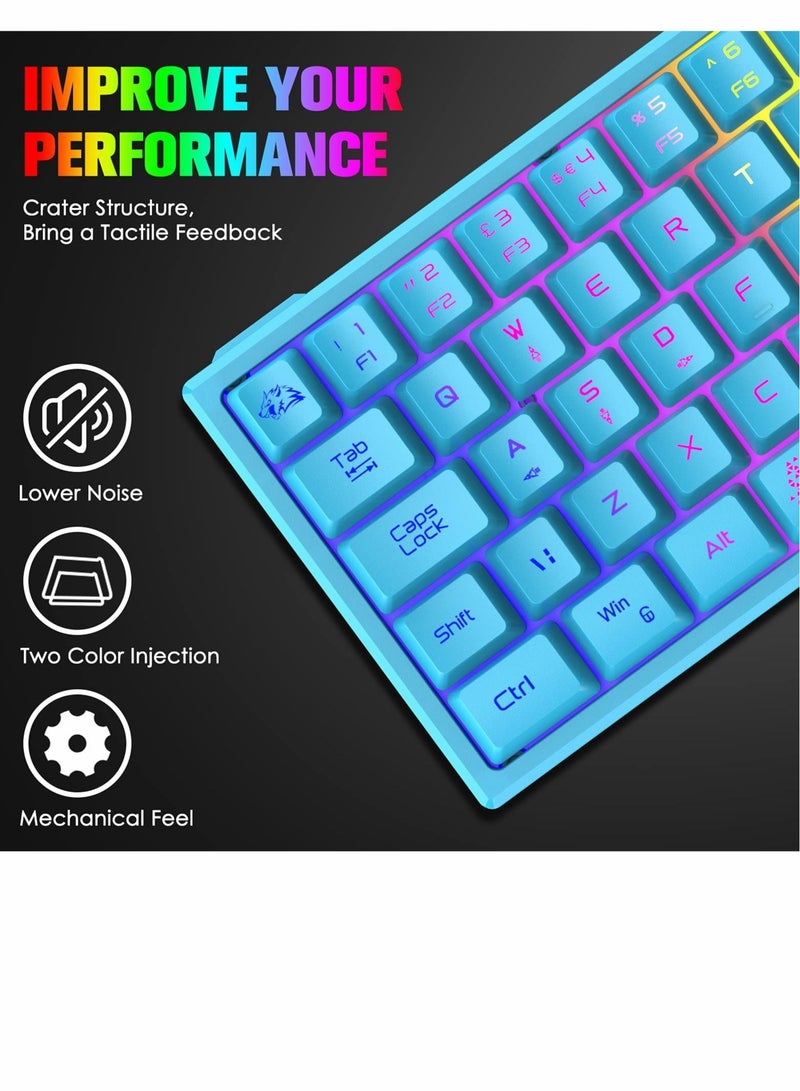 Zikra 60% Gaming Keyboard, Mini Portable Rainbow RGB Backlight Compact Ergonomic 62-Key Layout 19-Key Anti-Ghosting Mechanical Feel Waterproof USB Wired for PC Mac Windows Gaming Laptop Typist (Blue) - Image 2