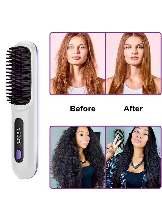 Electric Hair Straightener Brush, Portable Ceramic Ionic Straightening Comb and Curler, LED Display, Fast Heating, 3 Temp Settings & Anti-Scald Head Massager for All Hair Types, White - Image 5