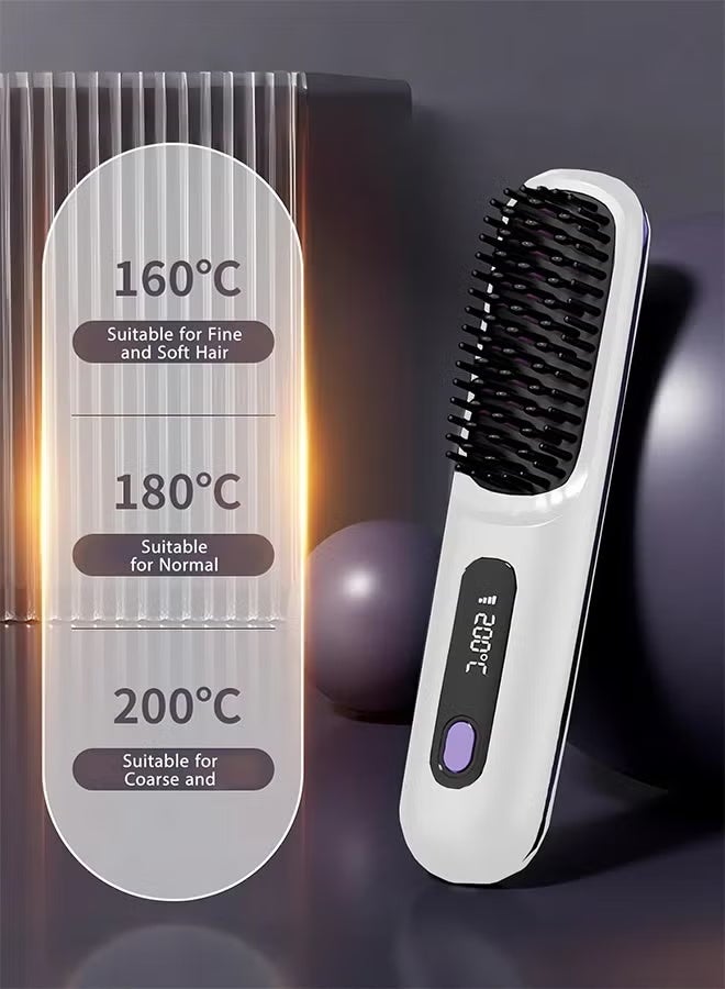 Electric Hair Straightener Brush, Portable Ceramic Ionic Straightening Comb and Curler, LED Display, Fast Heating, 3 Temp Settings & Anti-Scald Head Massager for All Hair Types, White - Image 3