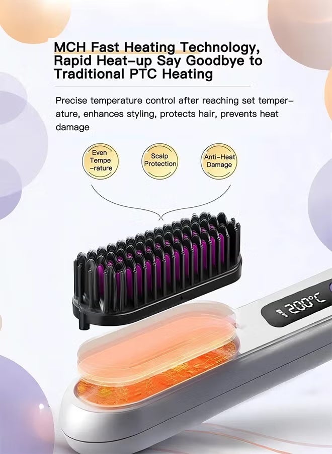 Electric Hair Straightener Brush, Portable Ceramic Ionic Straightening Comb and Curler, LED Display, Fast Heating, 3 Temp Settings & Anti-Scald Head Massager for All Hair Types, White - Image 4