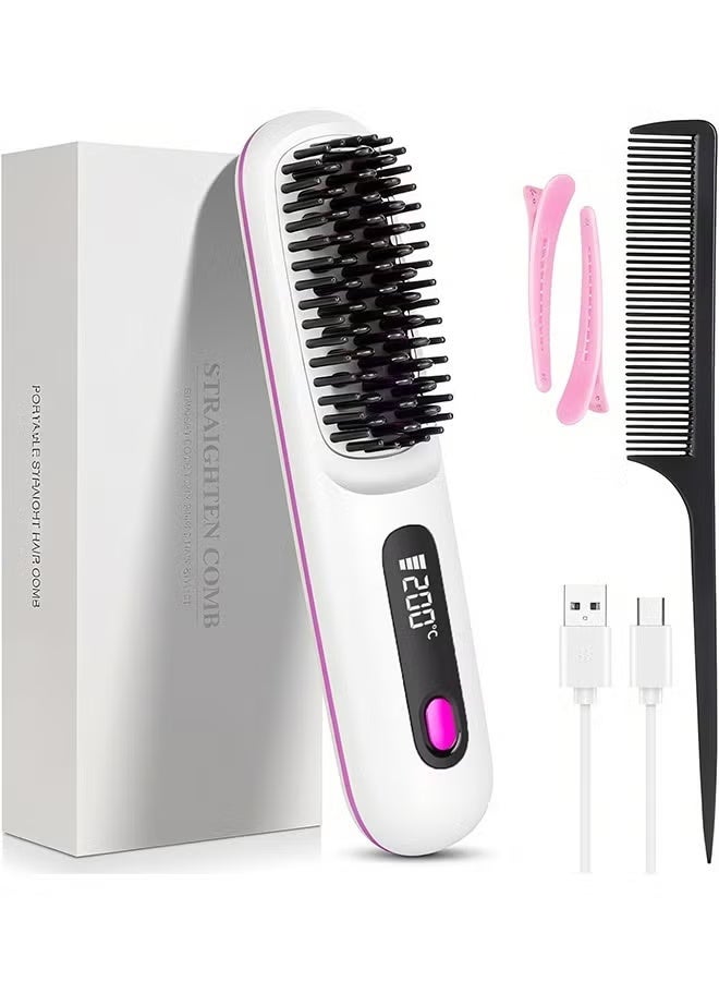 Electric Hair Straightener Brush, Portable Ceramic Ionic Straightening Comb and Curler, LED Display, Fast Heating, 3 Temp Settings & Anti-Scald Head Massager for All Hair Types, White - Image 1