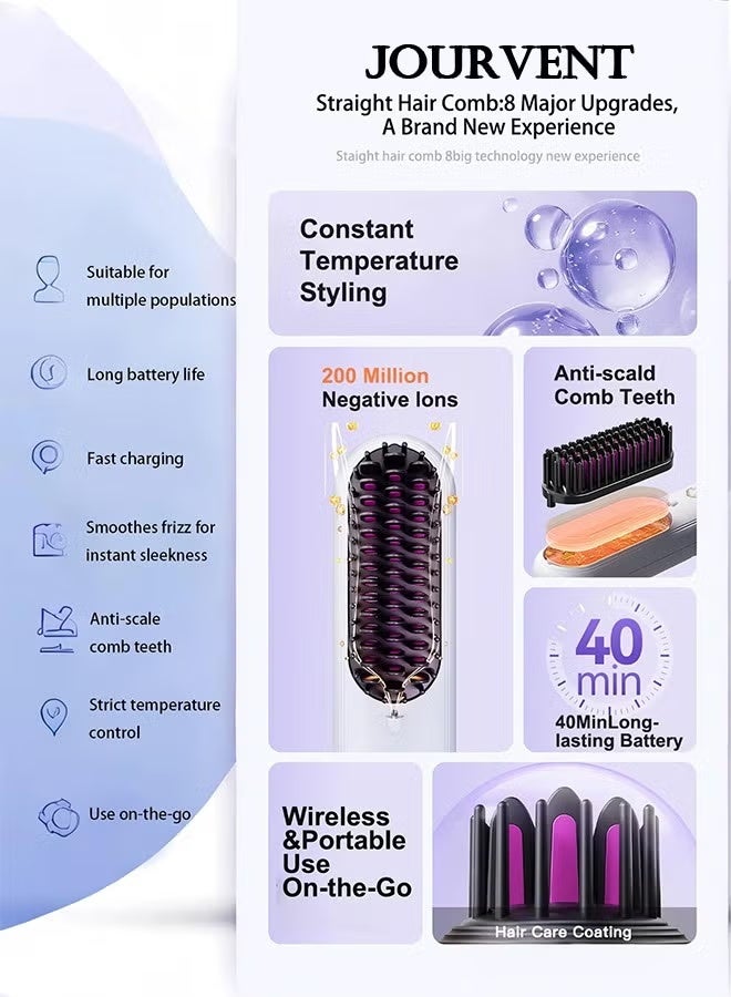 Electric Hair Straightener Brush, Portable Ceramic Ionic Straightening Comb and Curler, LED Display, Fast Heating, 3 Temp Settings & Anti-Scald Head Massager for All Hair Types, White - Image 2