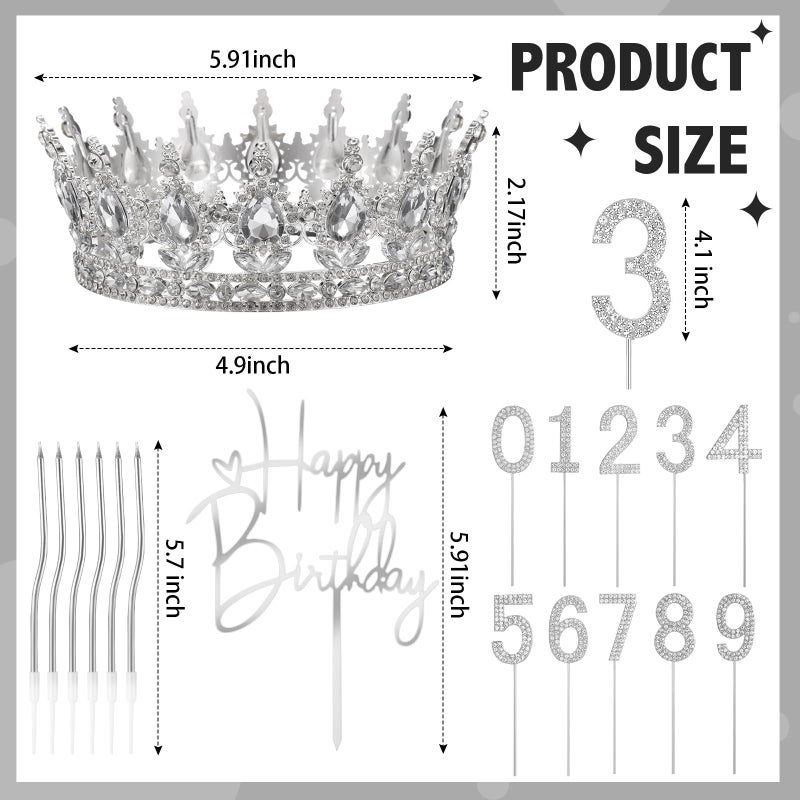 Quelay 13 Pcs Happy Birthday Cake Topper Decorations Set Queen Crown Rhinestone Princess Tiara Cake Topper Numbers Candles 0-9 Happy Birthday Decor for Women Wedding Anniversary Party Supplies(Silver) - Image 2