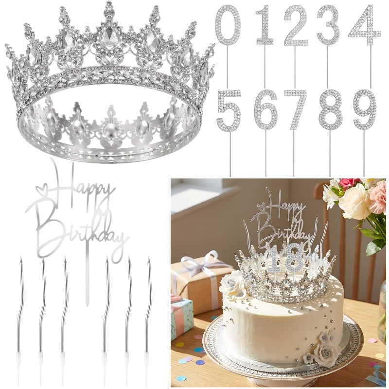 Quelay 13 Pcs Happy Birthday Cake Topper Decorations Set Queen Crown Rhinestone Princess Tiara Cake Topper Numbers Candles 0-9 Happy Birthday Decor for Women Wedding Anniversary Party Supplies(Silver) - Image 1