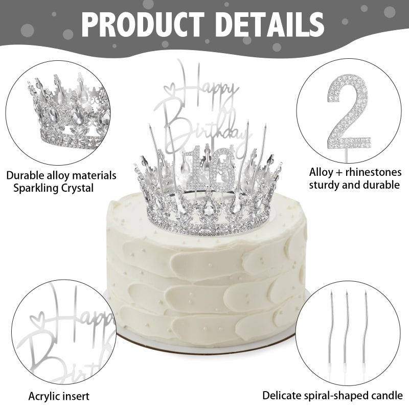 Quelay 13 Pcs Happy Birthday Cake Topper Decorations Set Queen Crown Rhinestone Princess Tiara Cake Topper Numbers Candles 0-9 Happy Birthday Decor for Women Wedding Anniversary Party Supplies(Silver) - Image 3