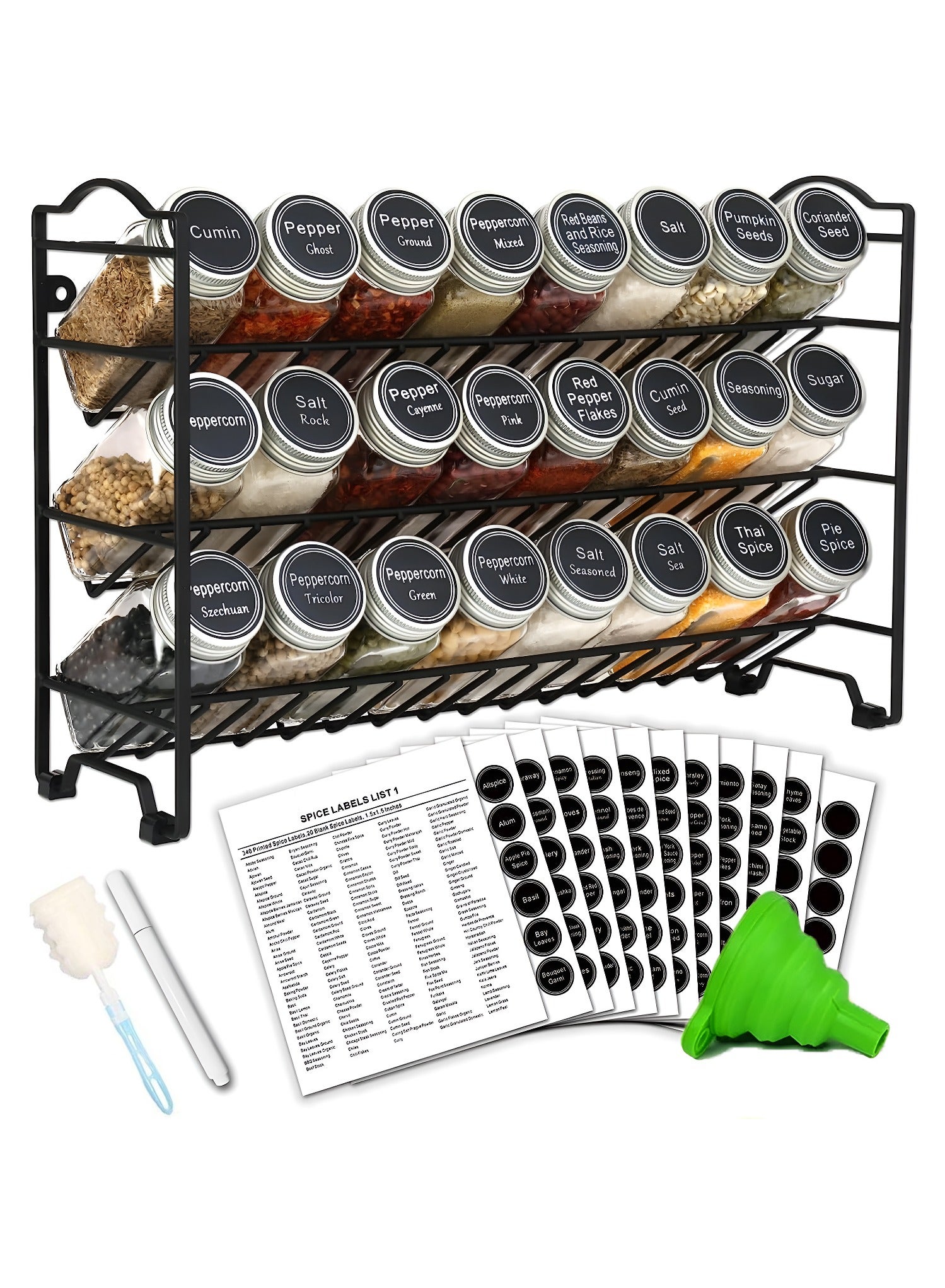 Spice Rack Organizer with 24 Empty Square Spice Jars 120 ml with labels Chalk Marker and Funnel 