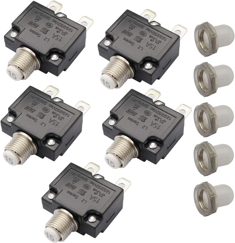 T Tocas 5pcs Push Button Reset 15A Circuit Breakers with Quick Connect Terminals and Waterproof Button Cap - Image 1