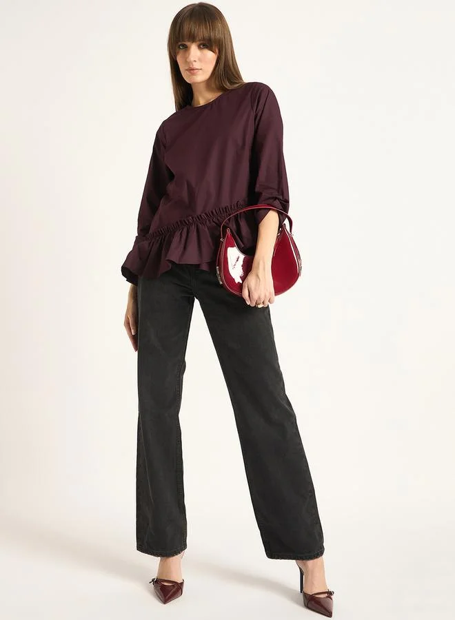 Femmella Femmella Solid Asymmetric Ruffle Detail Poplin Top
