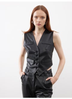 Special Cut Fleto Pocket Detailed Leather Vest Black