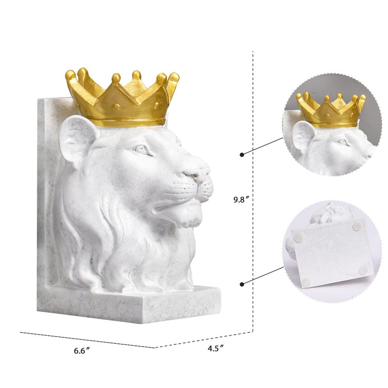 Kakizzy Book Ends Decorative  Lion Bookends For Shelves  Animal Book Stopper Decorative  Modern Book Ends For Heavy Books  Lion Figurines Statues Indoor  Unique Book Lover Gift(White Lion) - Image 2