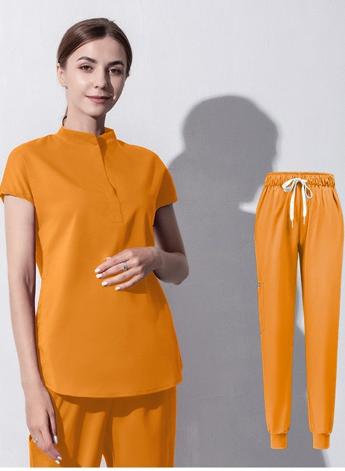 Loquat Medical Uniform Scrubs 2 Piece Set Stand Collar Top and Elastic Waist Jogger Pants Suit Mango Yellow 