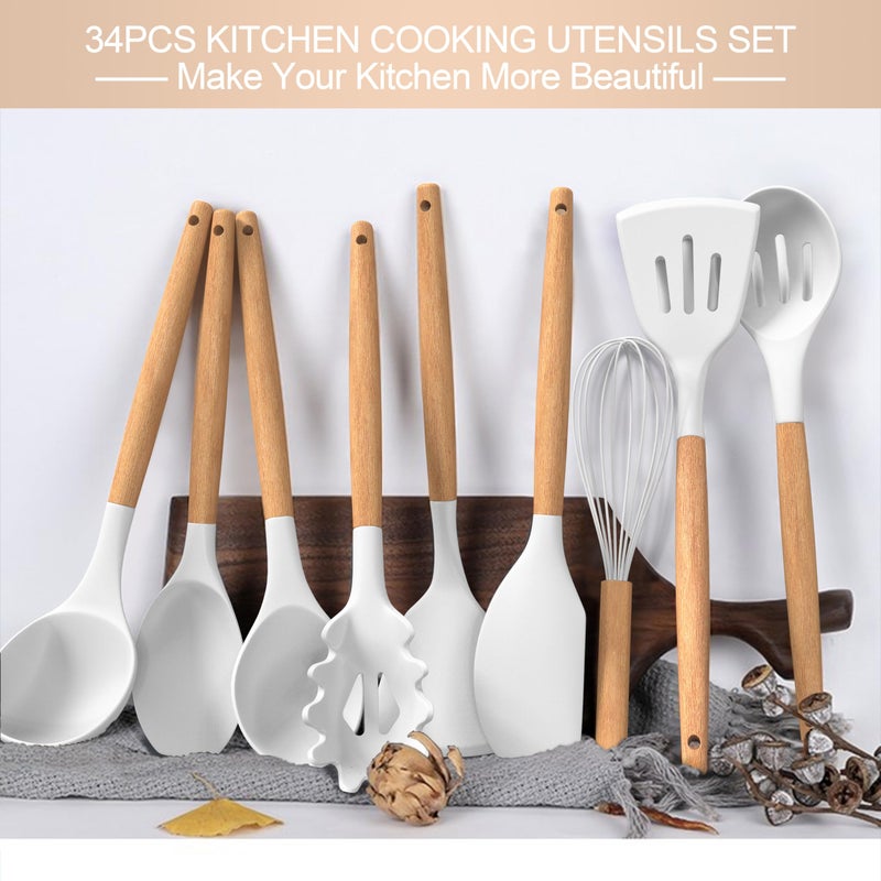 CACOLES Silicone Cooking Utensils Set  43Pcs Non-Stick Heat Resistant Kitchen Utensils Spatula Set With Wooden Handle For Baking  Cooking  And Mixing  Best Kitchen Gadgets Tools With Holder (White) - Image 2