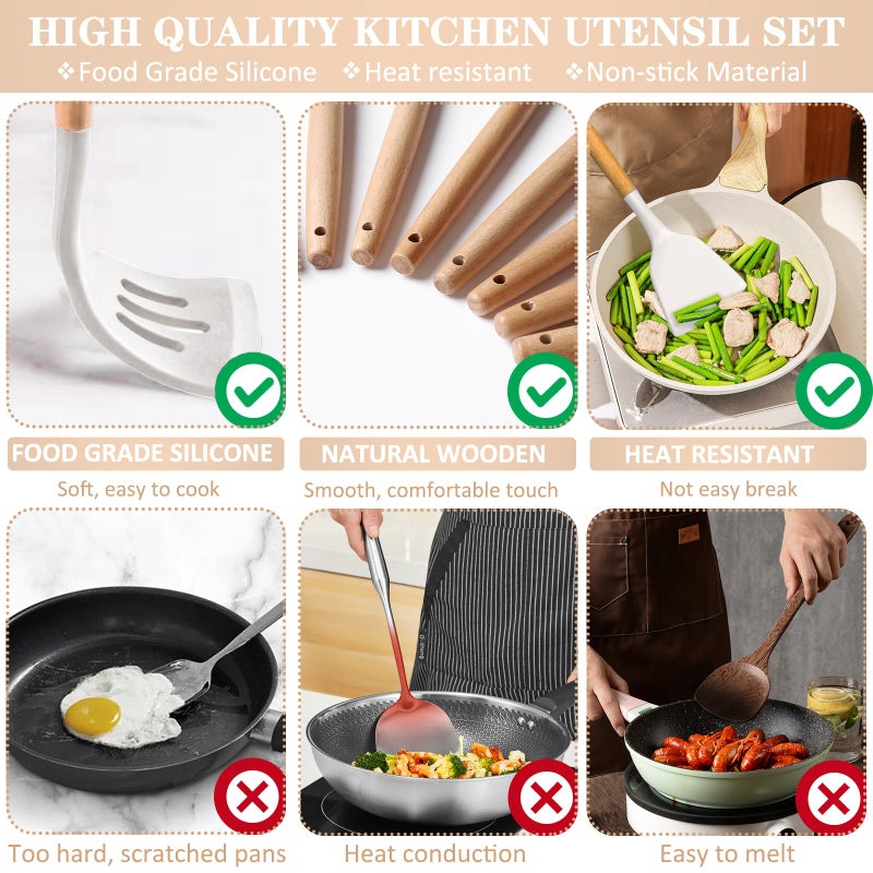 CACOLES Silicone Cooking Utensils Set  43Pcs Non-Stick Heat Resistant Kitchen Utensils Spatula Set With Wooden Handle For Baking  Cooking  And Mixing  Best Kitchen Gadgets Tools With Holder (White) - Image 4