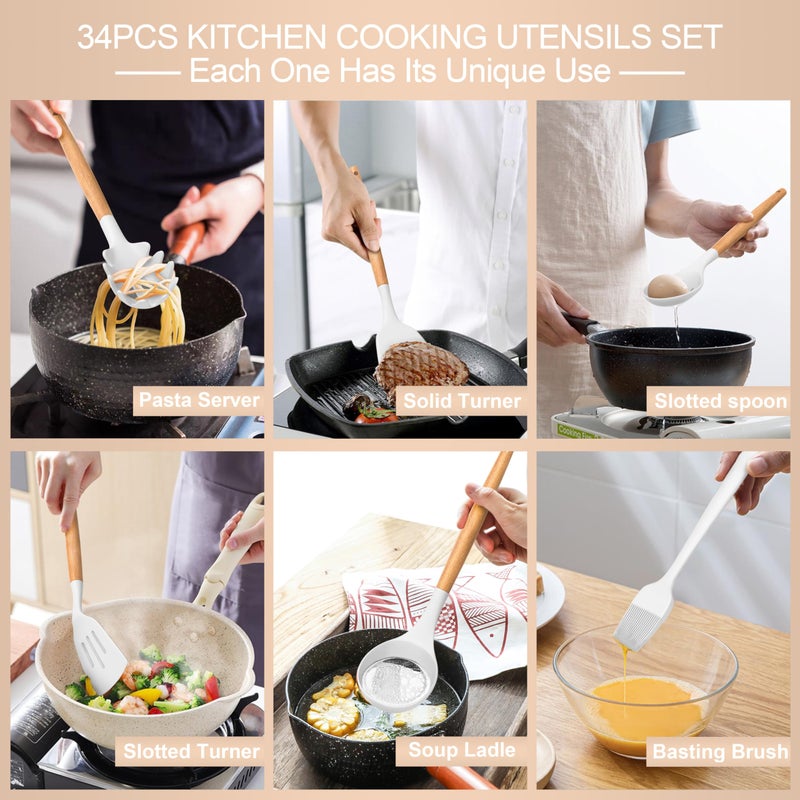 CACOLES Silicone Cooking Utensils Set  43Pcs Non-Stick Heat Resistant Kitchen Utensils Spatula Set With Wooden Handle For Baking  Cooking  And Mixing  Best Kitchen Gadgets Tools With Holder (White) - Image 5