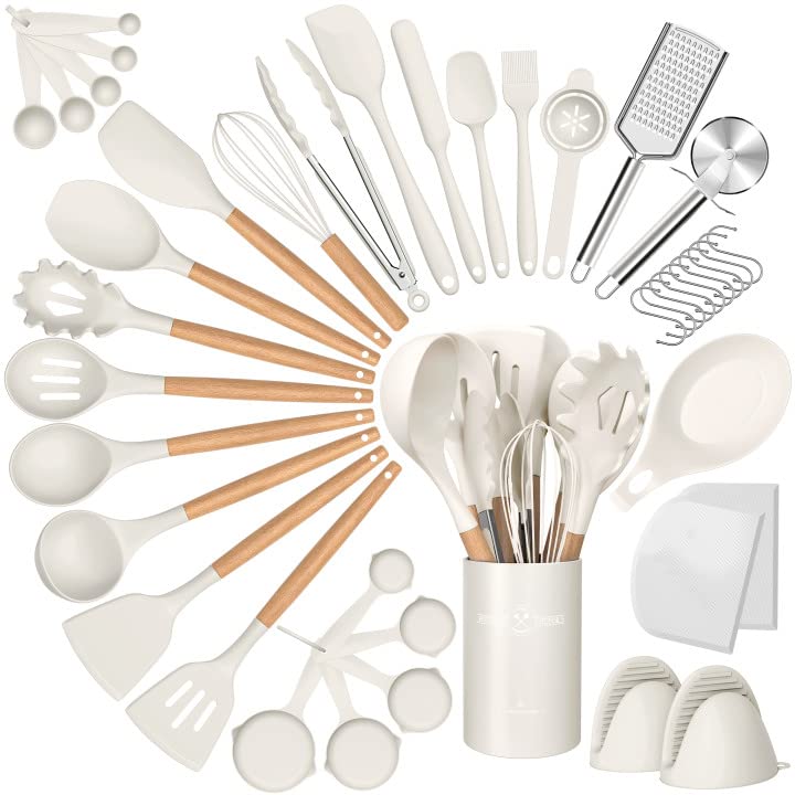 CACOLES Silicone Cooking Utensils Set  43Pcs Non-Stick Heat Resistant Kitchen Utensils Spatula Set With Wooden Handle For Baking  Cooking  And Mixing  Best Kitchen Gadgets Tools With Holder (White) - Image 1