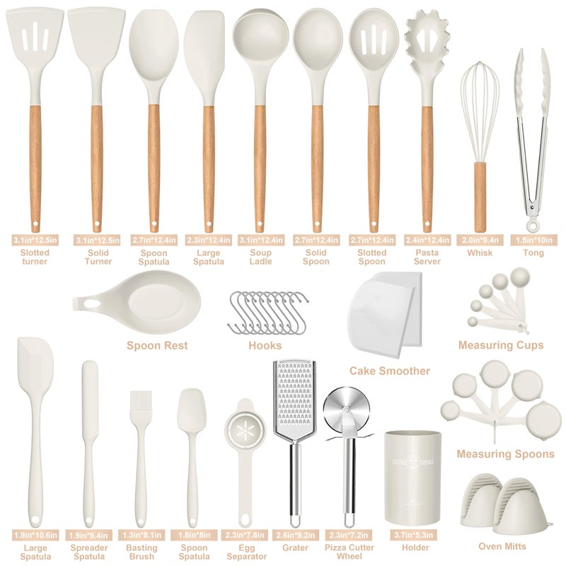 CACOLES Silicone Cooking Utensils Set  43Pcs Non-Stick Heat Resistant Kitchen Utensils Spatula Set With Wooden Handle For Baking  Cooking  And Mixing  Best Kitchen Gadgets Tools With Holder (White) - Image 3