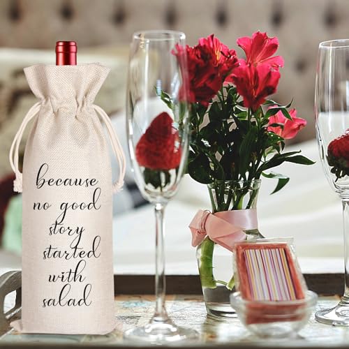LANBAIHE Wine Gifts Bag for Housewarming, Wedding Birthday Retirement Engagements New Job Gifts, Because No Good Story Started with Salad Wine Bag - Image 5