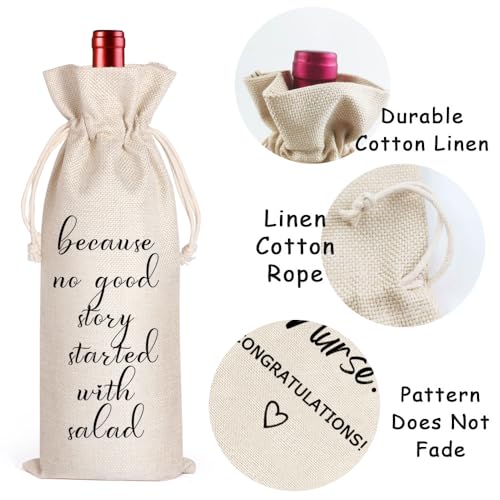 LANBAIHE Wine Gifts Bag for Housewarming, Wedding Birthday Retirement Engagements New Job Gifts, Because No Good Story Started with Salad Wine Bag - Image 3