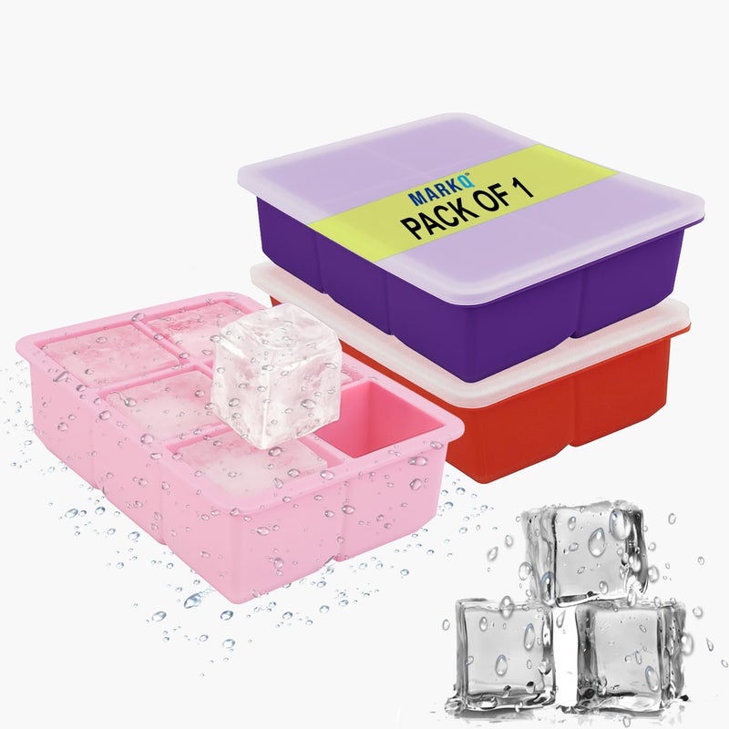 MARKQ Ice Cube Tray Silicone 6 Cavities – Multipurpose Flexible Ice Mold Set for Freezer | Food-Grade Silicone Ice Maker Trays for Water, Juice, Baby Food & Kitchen Use, Assorted Color, Pack of 1 - Image 1