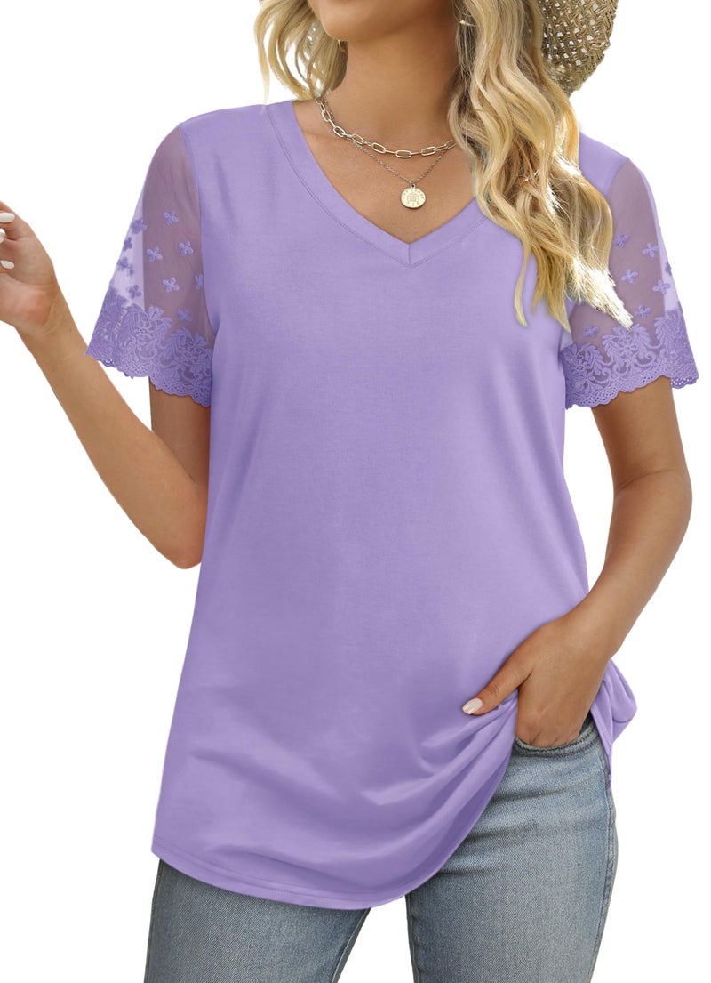 OFEEFAN Womens T Shirts Short Sleeve V Neck Curved Hem Loose Fit Summer Tops Lavender X-Large - Image 3
