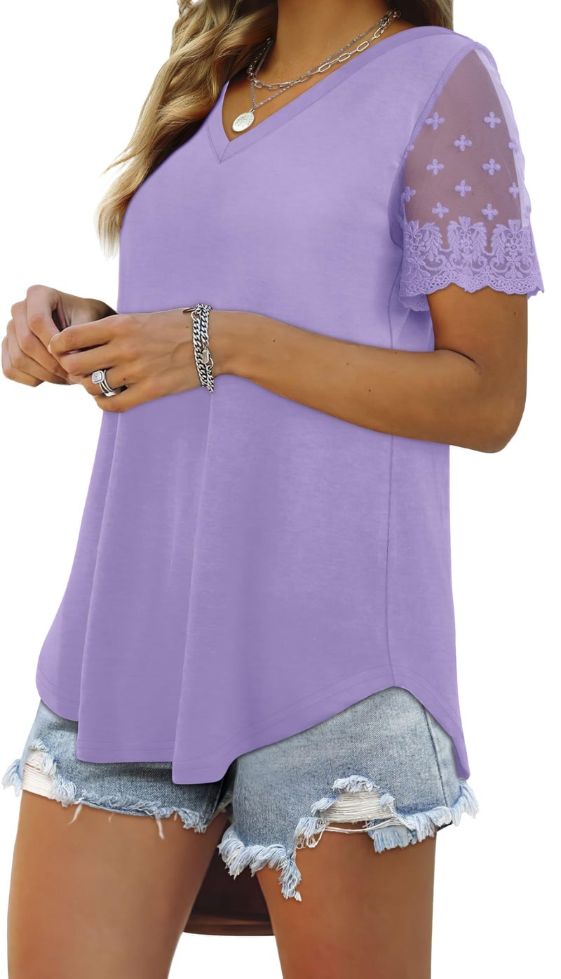 OFEEFAN Womens T Shirts Short Sleeve V Neck Curved Hem Loose Fit Summer Tops Lavender X-Large - Image 2
